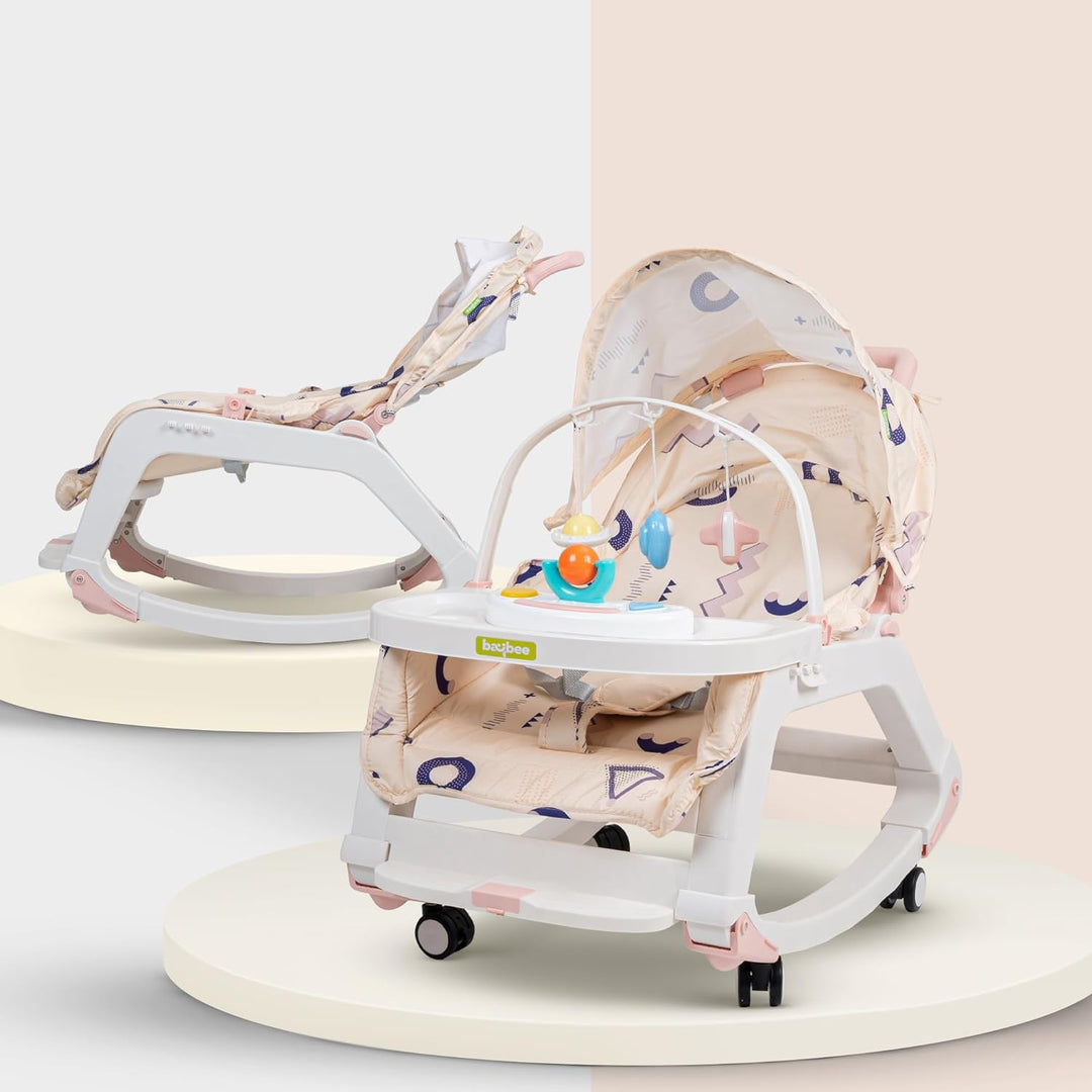5 in 1 Baby Rocking Chair for Kids with Hanging Toys,Multi Position Recline, Music, Wheels & Food Tray