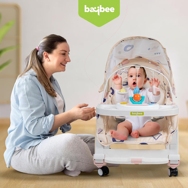 5 in 1 Baby Rocking Chair for Kids with Hanging Toys,Multi Position Recline, Music, Wheels & Food Tray