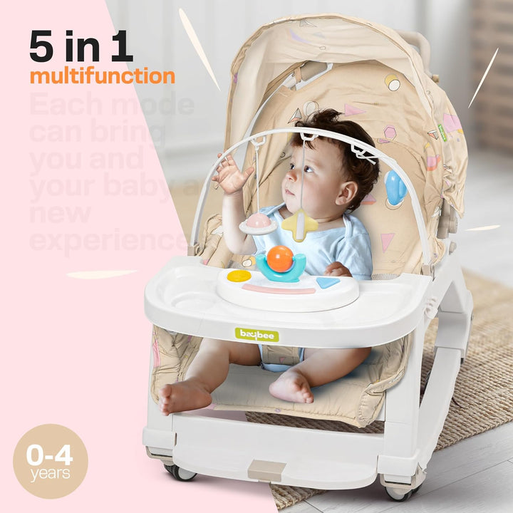 5 in 1 Baby Rocking Chair for Kids with Hanging Toys,Multi Position Recline, Music, Wheels & Food Tray