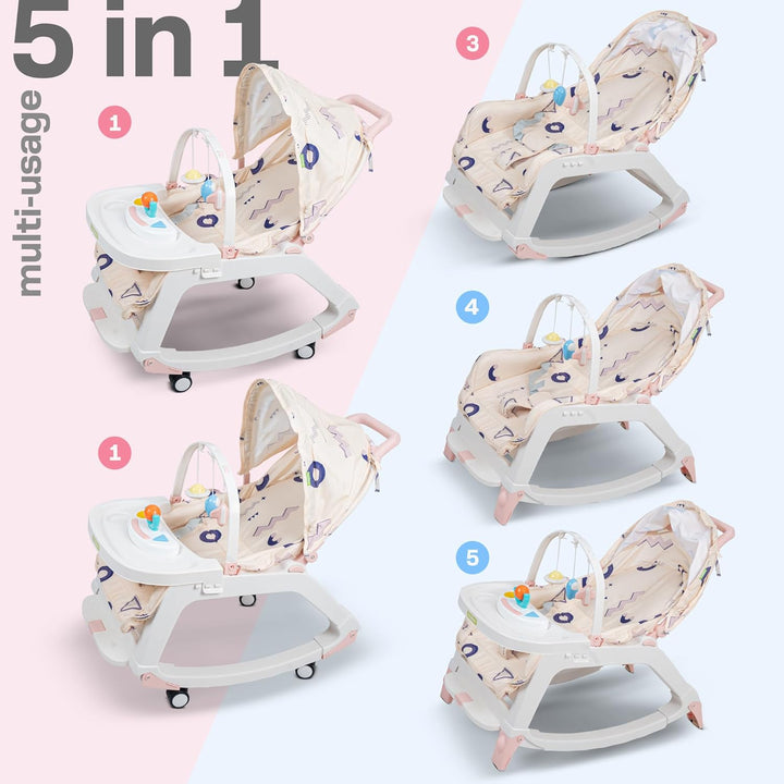 5 in 1 Baby Rocking Chair for Kids with Hanging Toys,Multi Position Recline, Music, Wheels & Food Tray