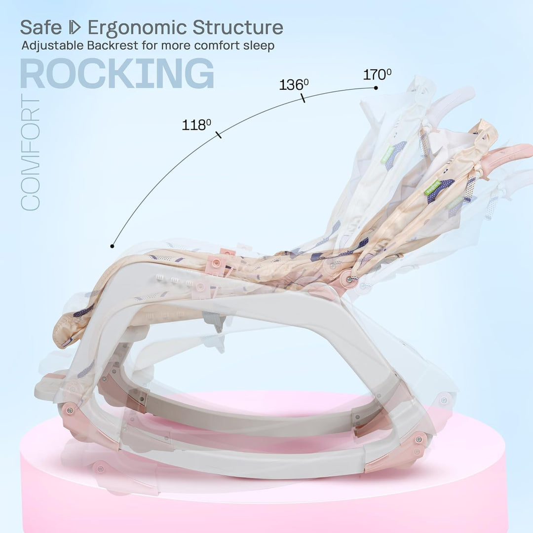 5 in 1 Baby Rocking Chair for Kids with Hanging Toys,Multi Position Recline, Music, Wheels & Food Tray