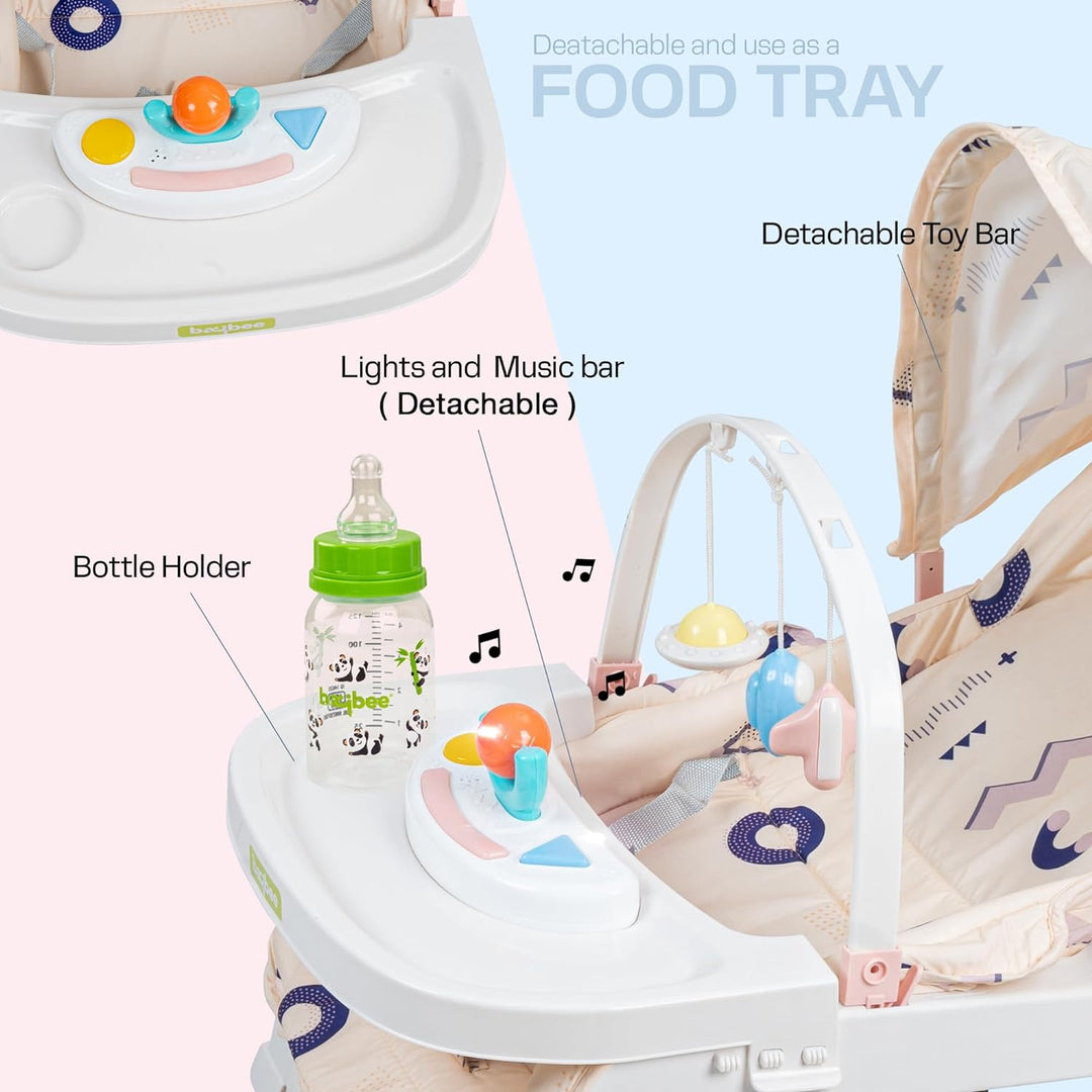5 in 1 Baby Rocking Chair for Kids with Hanging Toys,Multi Position Recline, Music, Wheels & Food Tray