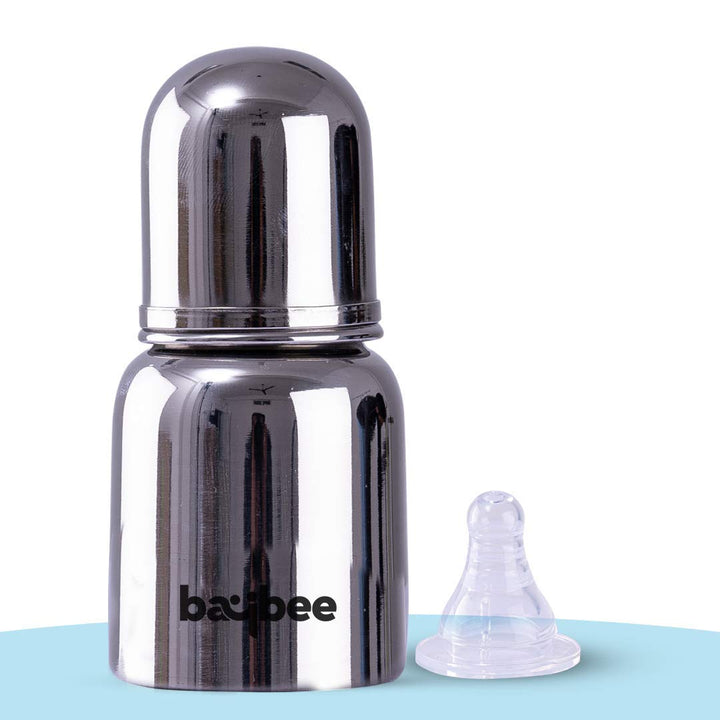 Premium Stainless Steel Feeding Bottle for Baby | Non-Toxic Baby Feeding Bottle for Kids Silicone Nipple, Milk, Water Feeding Bottle for Babies (Round, 150 ML)
