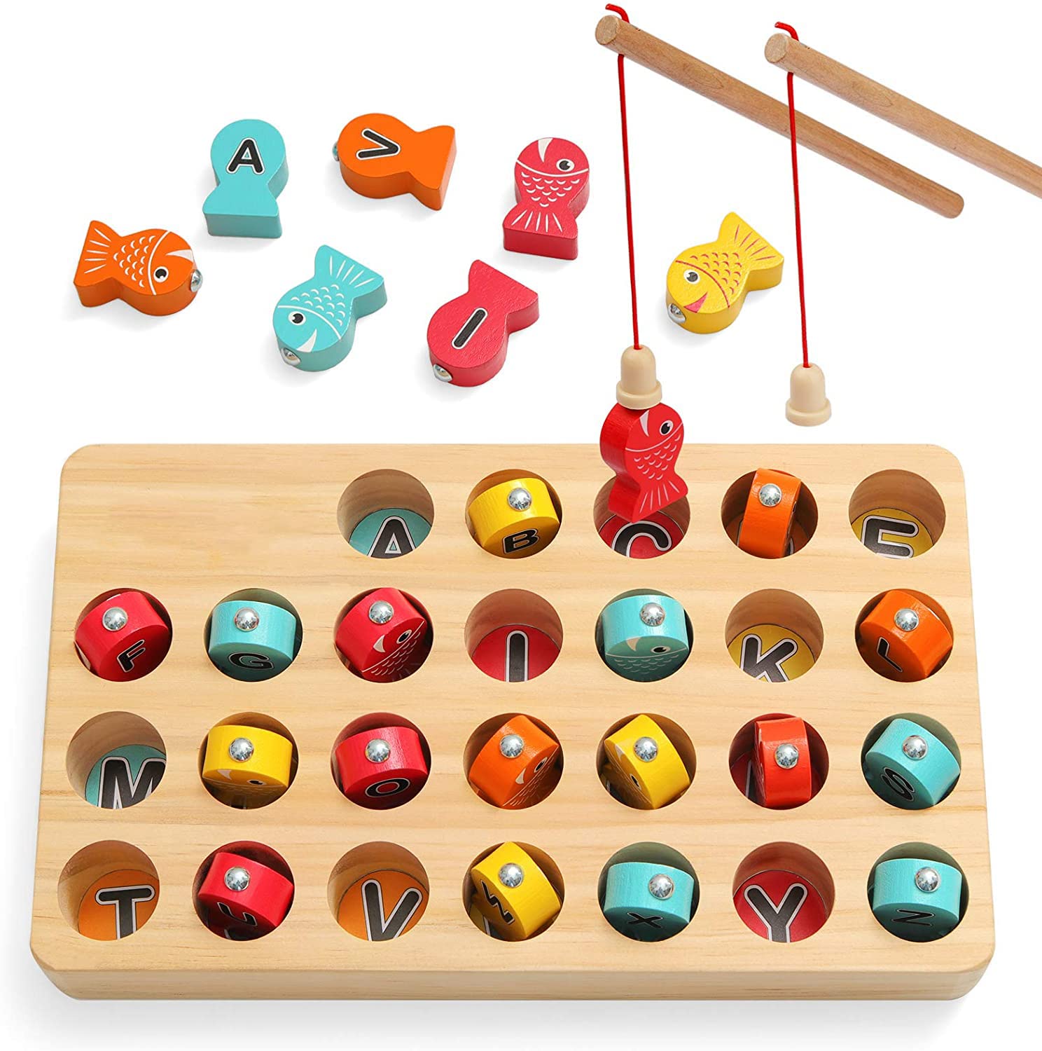 Wooden Magnetic Fishing Game Kids Toys, Fish Catching Game with 26