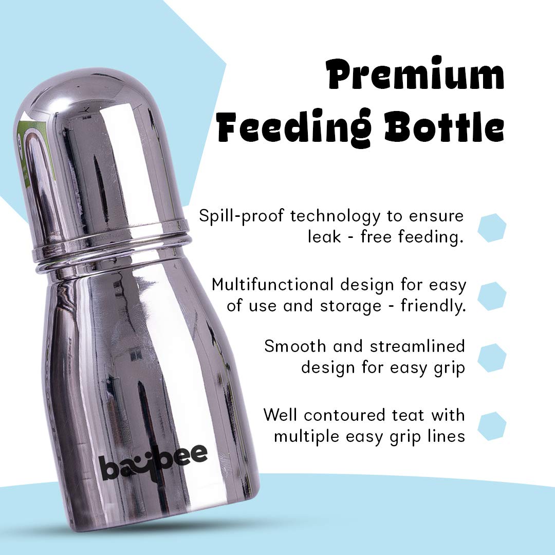 Premium Stainless Steel Feeding Bottle for Baby | Non-Toxic Baby Feeding Bottle for Kids Silicone Nipple, Milk, Water Feeding Bottle for Babies (Round, 150 ML)