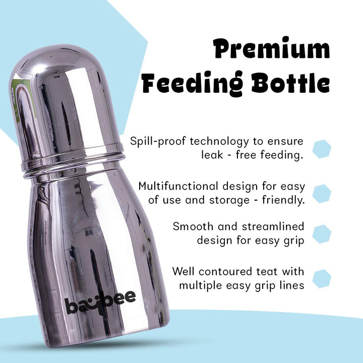Premium Stainless Steel Feeding Bottle for Baby | Non-Toxic Baby Feeding Bottle for Kids Silicone Nipple, Milk, Water Feeding Bottle for Babies (Round, 150 ML)