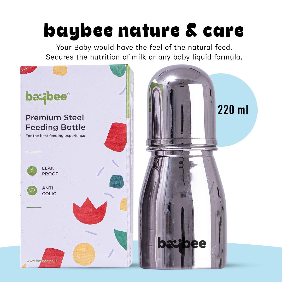 Premium Stainless Steel Feeding Bottle for Baby | Non-Toxic Baby Feeding Bottle for Kids Silicone Nipple, Milk, Water Feeding Bottle for Babies (Round, 150 ML)