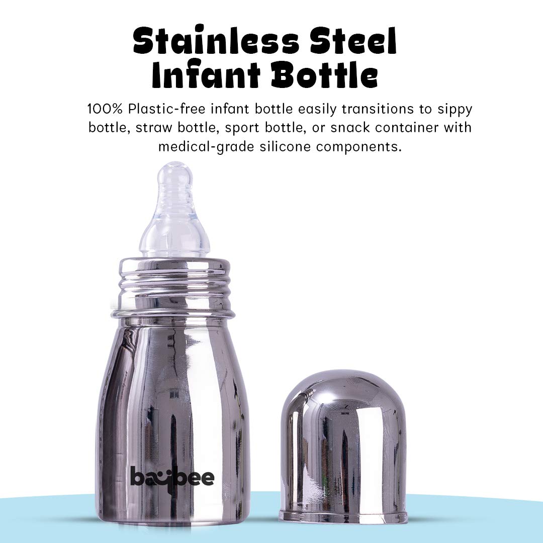 Premium Stainless Steel Feeding Bottle for Baby | Non-Toxic Baby Feeding Bottle for Kids Silicone Nipple, Milk, Water Feeding Bottle for Babies (Round, 150 ML)