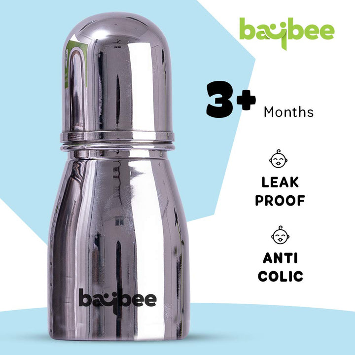 Premium Stainless Steel Feeding Bottle for Baby | Non-Toxic Baby Feeding Bottle for Kids Silicone Nipple, Milk, Water Feeding Bottle for Babies (Round, 150 ML)