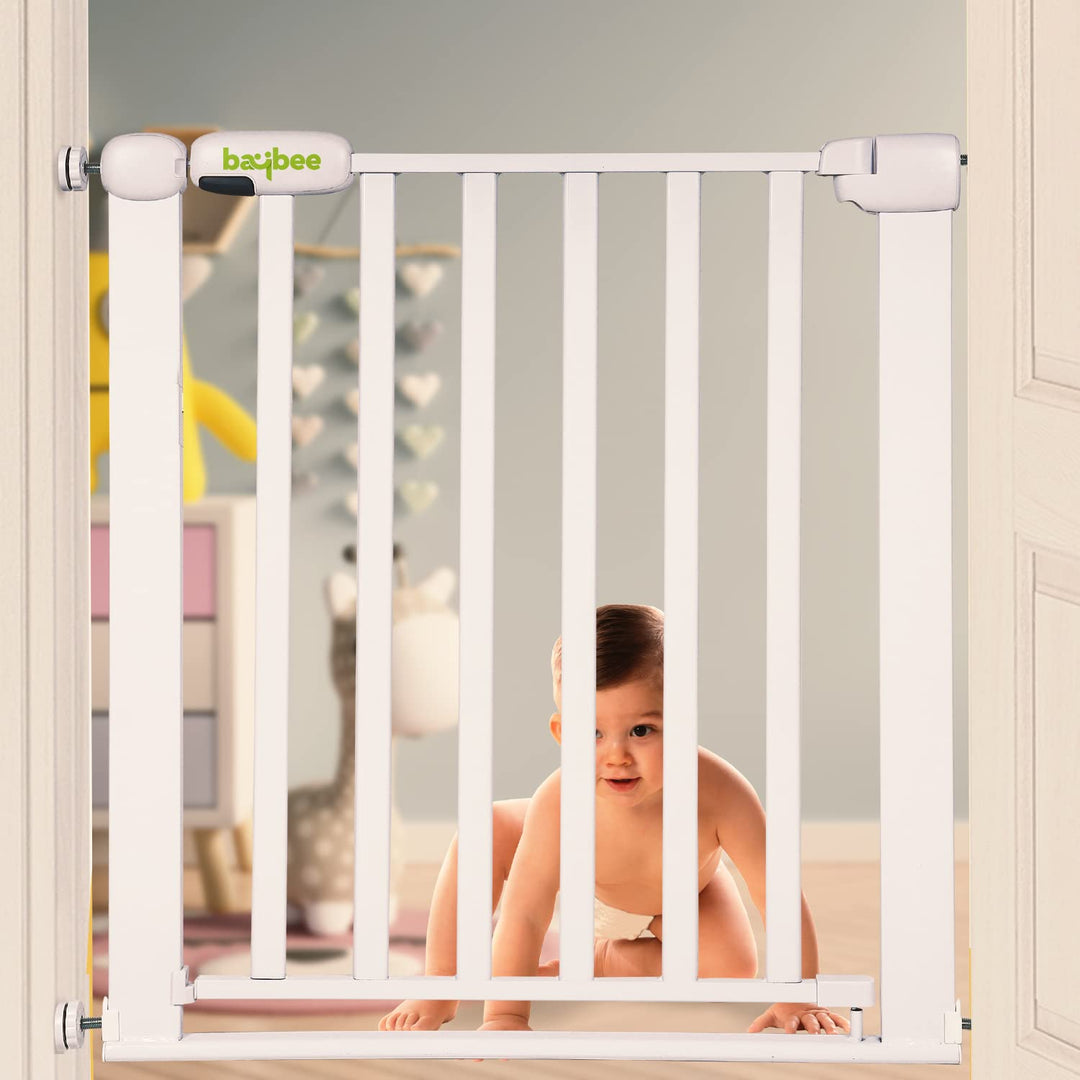 Baybee 75-85cm Auto Close Baby Safety Gate, Extra Tall Baby Fence Barrier Dog Gate with Easy Walk-Thru Child Gate | Baby Gate for House, Stairs, Doorways | Safety Gate for Baby (White)