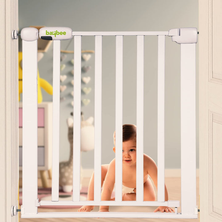 Baybee 75-85cm Auto Close Baby Safety Gate, Extra Tall Baby Fence Barrier Dog Gate with Easy Walk-Thru Child Gate | Baby Gate for House, Stairs, Doorways | Safety Gate for Baby (White)