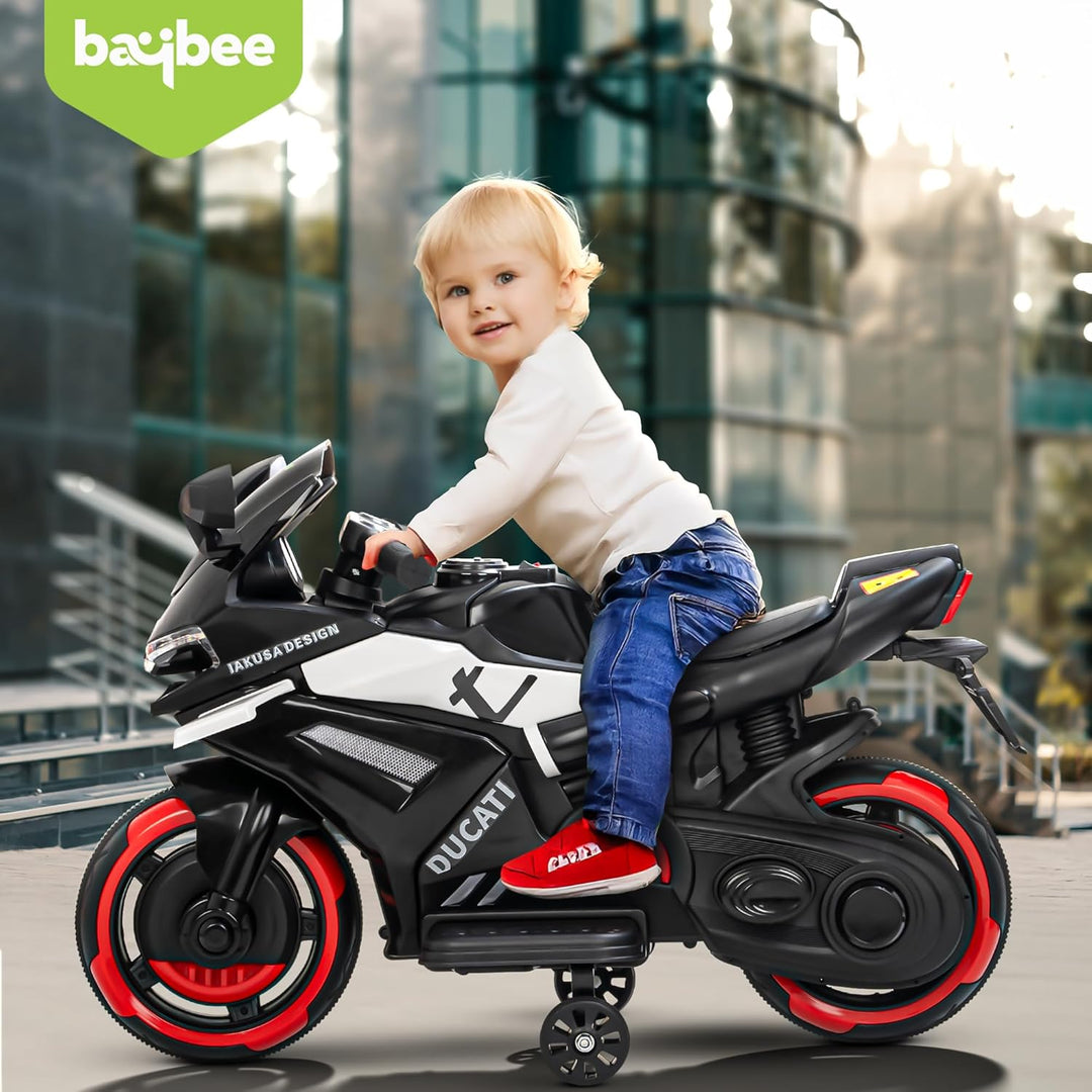 KIDZON Baby Battery Operated Bike for Kids with Foot Accelerator & Music | Rechargeable Ride on Toy Bike with Training Wheels & LED Light | Baby Electric Bike for Kids to Drive 1 to 3 Years