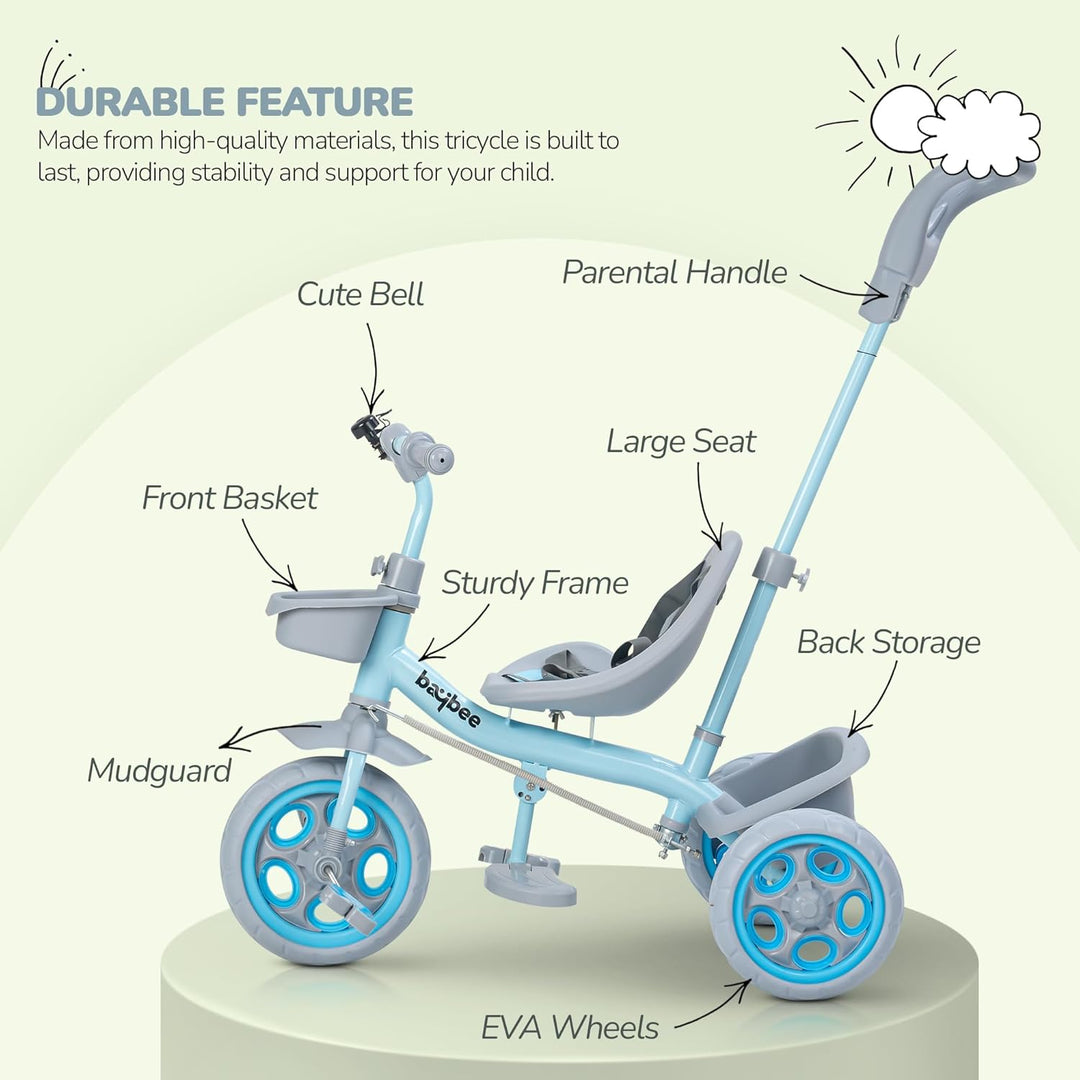 KIDZON Beagle Pro 2 in 1 Baby Tricycle for Kids, Plug N Play Kids Tricycle with Parental Push Handle, Eva Wheels, Footrest & Baskets | Kids Cycle Trikes | Baby Cycle for Kids 2 to 5 Years (Green)