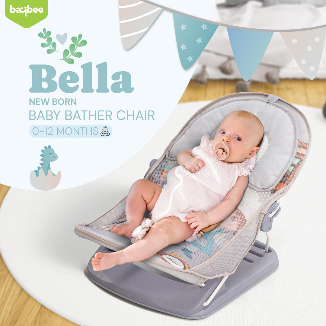 Bella Anti Slip Baby Bather For Newborn Baby 0 - 6 months, Bathing Chair With 3 Position Adjustable & Washable Soft Mesh Seat, Baby Bath Seat Chair for Bath Tub With Suction Cup & Backrest