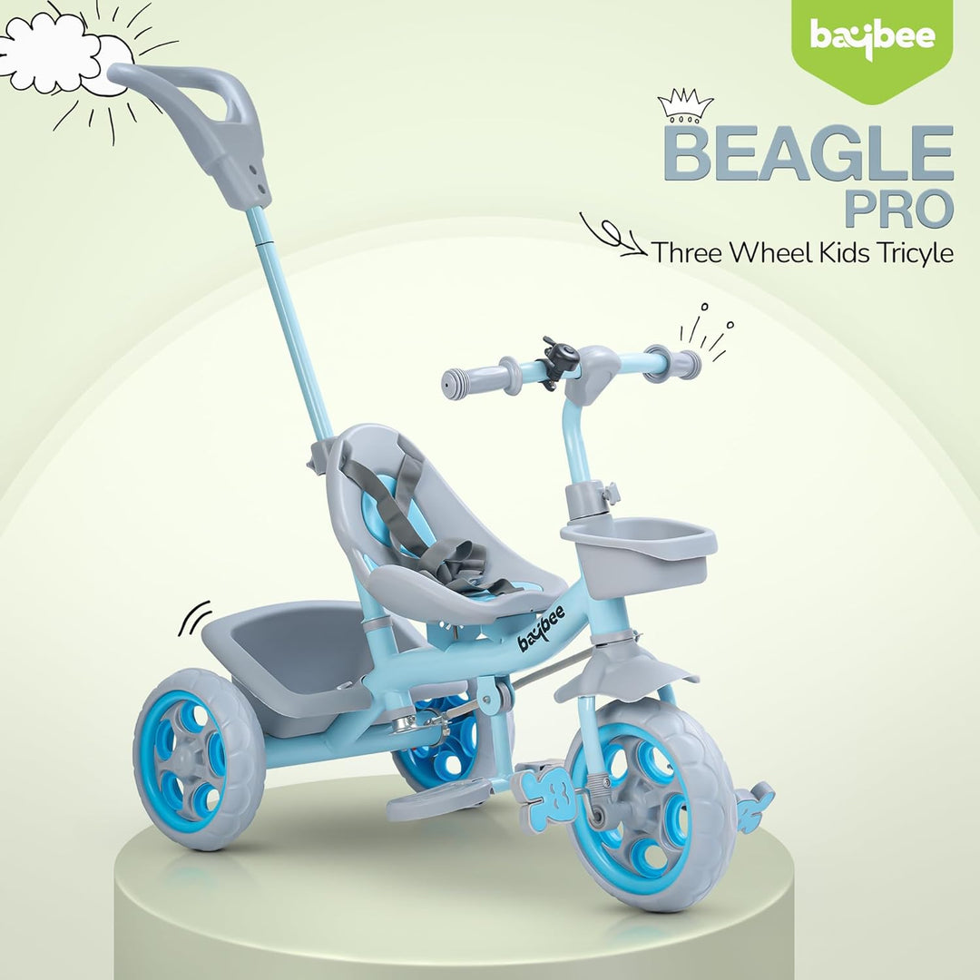 KIDZON Beagle Pro 2 in 1 Baby Tricycle for Kids, Plug N Play Kids Tricycle with Parental Push Handle, Eva Wheels, Footrest & Baskets | Kids Cycle Trikes | Baby Cycle for Kids 2 to 5 Years (Green)