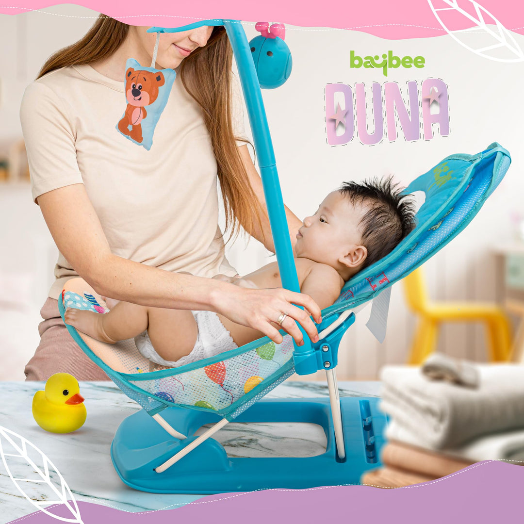 Duna Anti Slip Baby Bather for Baby 0-6 Months, Bathing Chair with Hanging Toy Bar, 3 Position Adjustable & Soft Mesh Seat, Baby Bath Seat Chair for Bath Tub with Suction Cup & Backrest