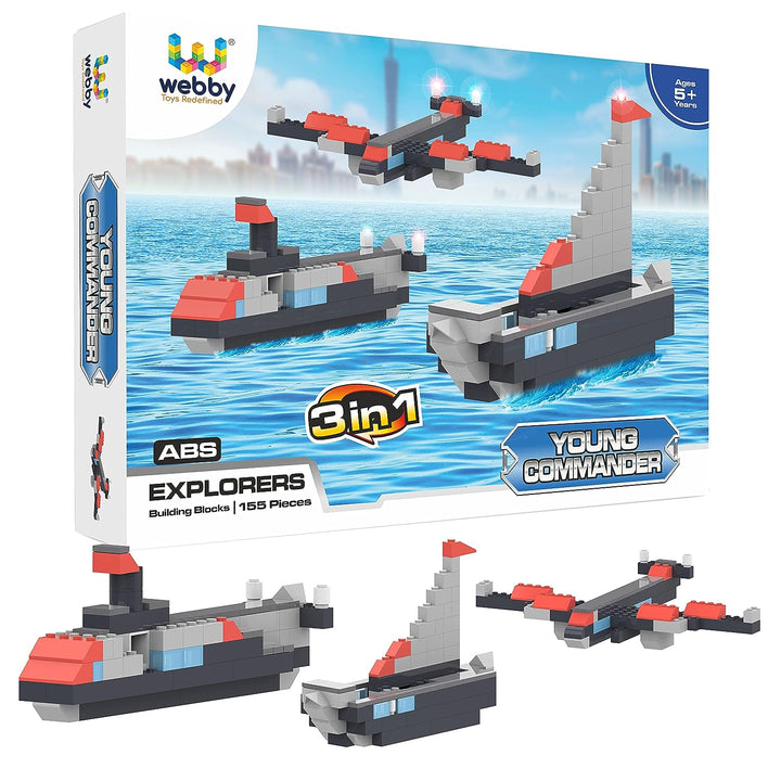 Webby 3 in 1 Young Commander ABS Blocks Kit, Fighter Plane, Submarine and Ship Construction Play Set, Fun Creative Toy Set for 5+ Years Kid (155 Pcs)