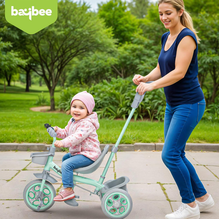 KIDZON Beagle Pro 2 in 1 Baby Tricycle for Kids, Plug N Play Kids Tricycle with Parental Push Handle, Eva Wheels, Footrest & Baskets | Kids Cycle Trikes | Baby Cycle for Kids 2 to 5 Years (Green)