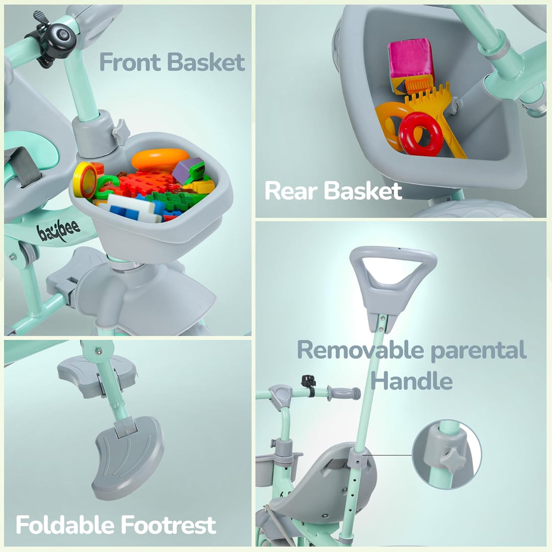 KIDZON Beagle Pro 2 in 1 Baby Tricycle for Kids, Plug N Play Kids Tricycle with Parental Push Handle, Eva Wheels, Footrest & Baskets | Kids Cycle Trikes | Baby Cycle for Kids 2 to 5 Years (Green)