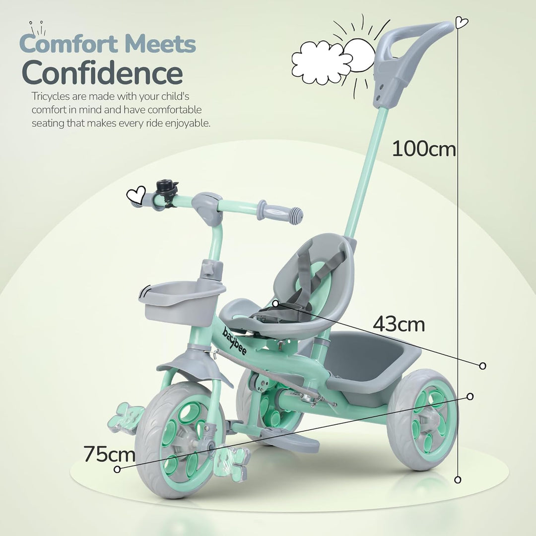 KIDZON Beagle Pro 2 in 1 Baby Tricycle for Kids, Plug N Play Kids Tricycle with Parental Push Handle, Eva Wheels, Footrest & Baskets | Kids Cycle Trikes | Baby Cycle for Kids 2 to 5 Years (Green)