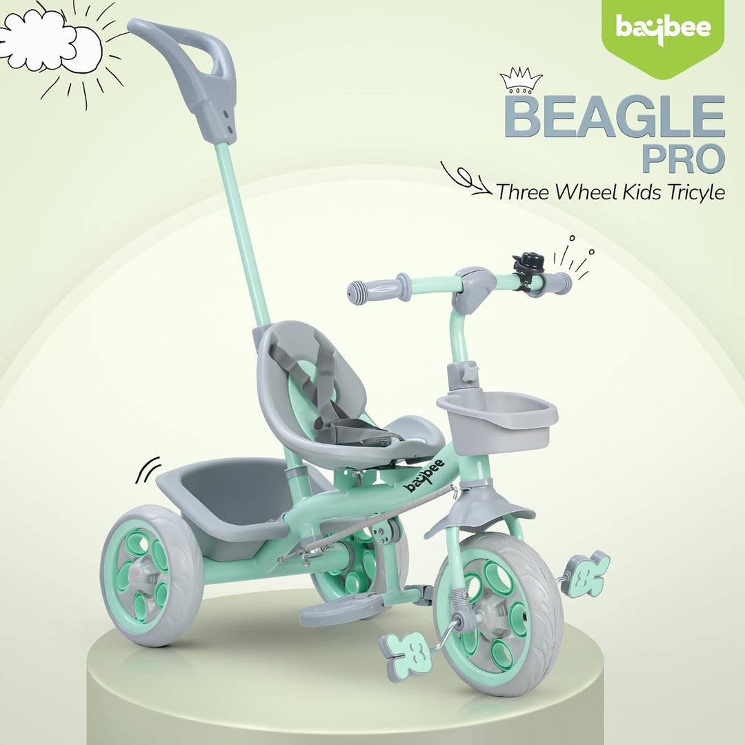 KIDZON Beagle Pro 2 in 1 Baby Tricycle for Kids, Plug N Play Kids Tricycle with Parental Push Handle, Eva Wheels, Footrest & Baskets | Kids Cycle Trikes | Baby Cycle for Kids 2 to 5 Years (Green)