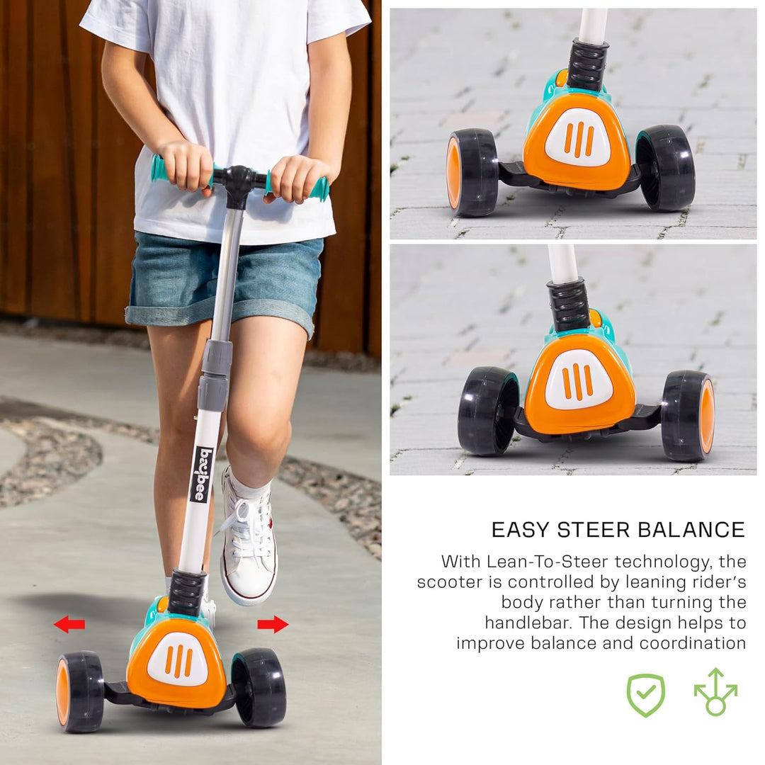Dusty Kick Scooter for Kids, 3 Wheel Kids Scooter with Foldable & Height Adjustable Handle, Runner Scooter with LED PU Wheels & Music, Skate Scooter for Kids 3-12 Years Boys Girl (Green/Orange)