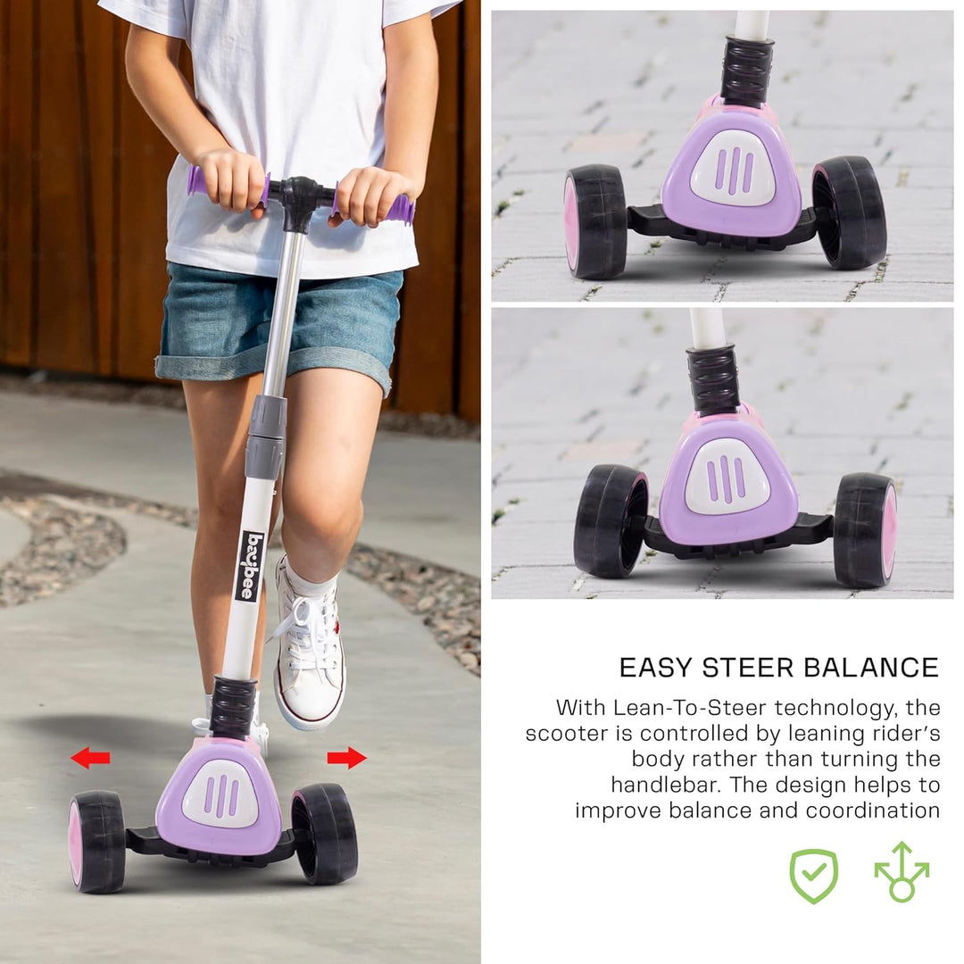 Dusty Kick Scooter for Kids, 3 Wheel Kids Scooter with Foldable & Height Adjustable Handle, Runner Scooter with LED PU Wheels & Music, Skate Scooter for Kids 3-12 Years Boys Girls (Pink/Purple)