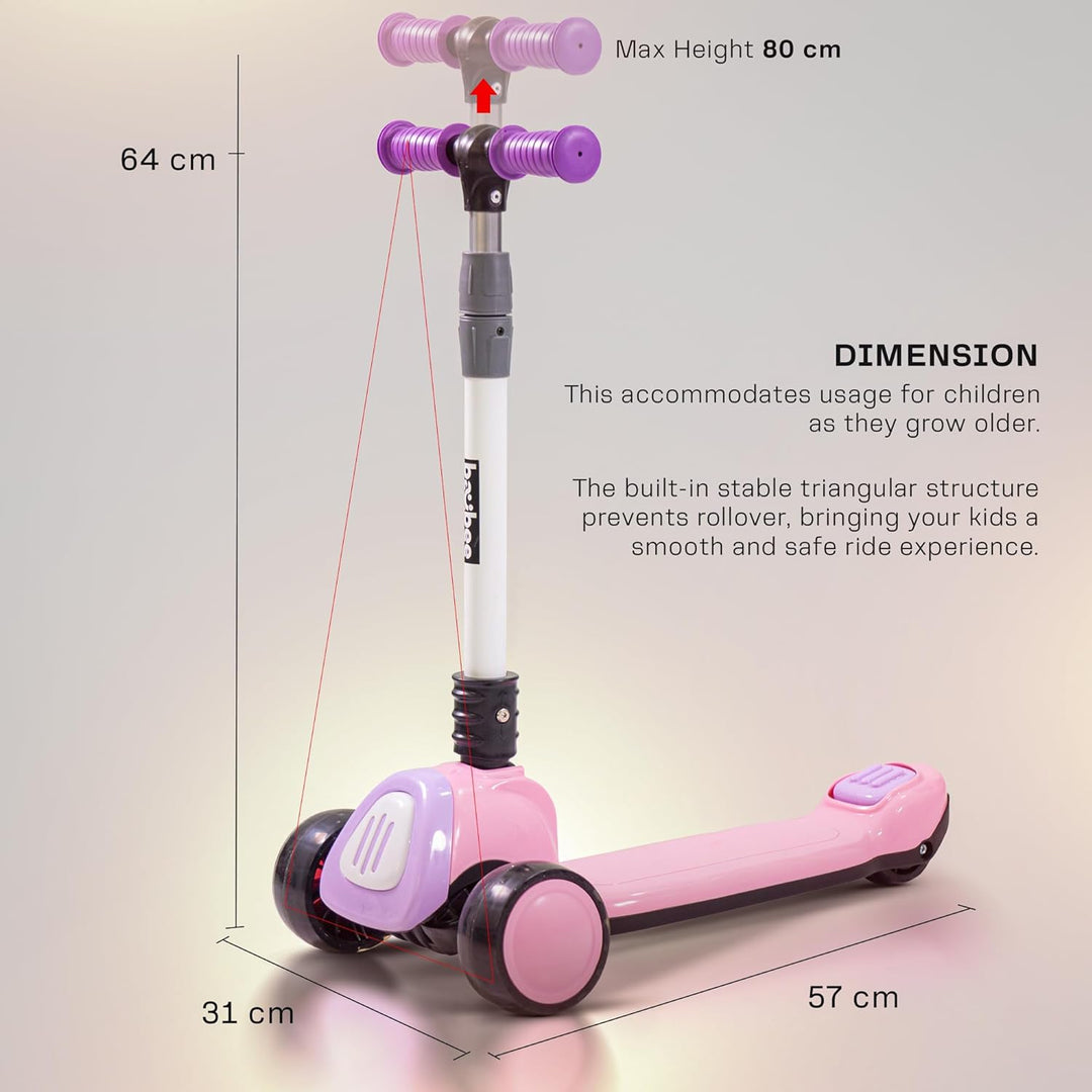 Dusty Kick Scooter for Kids, 3 Wheel Kids Scooter with Foldable & Height Adjustable Handle, Runner Scooter with LED PU Wheels & Music, Skate Scooter for Kids 3-12 Years Boys Girls (Pink/Purple)