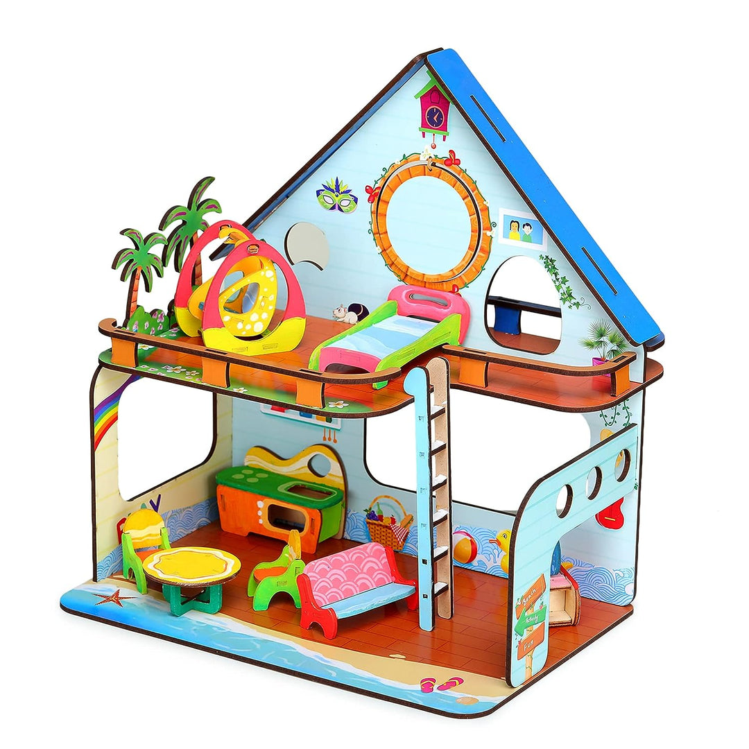 Webby Beachvilla The Weekend Escape All Side Play Doll House for Girls & Boys DIY Paint Wooden Doll House Toy with Furniture for Kids