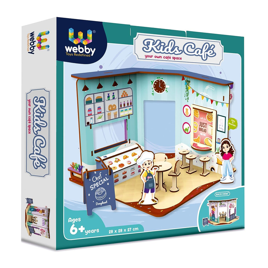 Webby DIY Wooden Kids Cafe Playhouse | Doll House Set with Service Counter, Dining Space, Takeout Window and Display Board for Boys and Girls