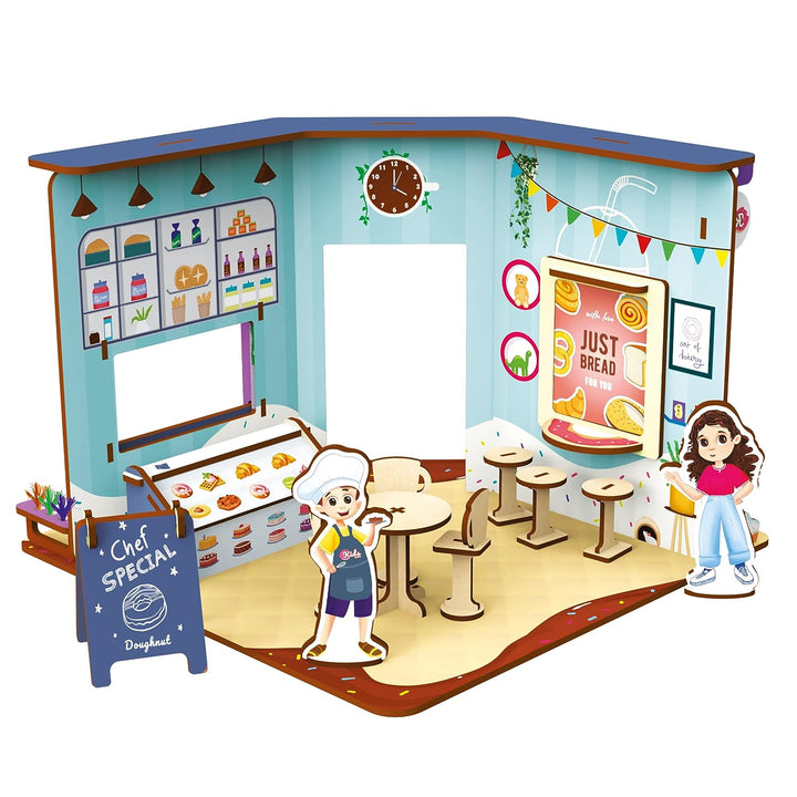 Webby DIY Wooden Kids Cafe Playhouse | Doll House Set with Service Counter, Dining Space, Takeout Window and Display Board for Boys and Girls