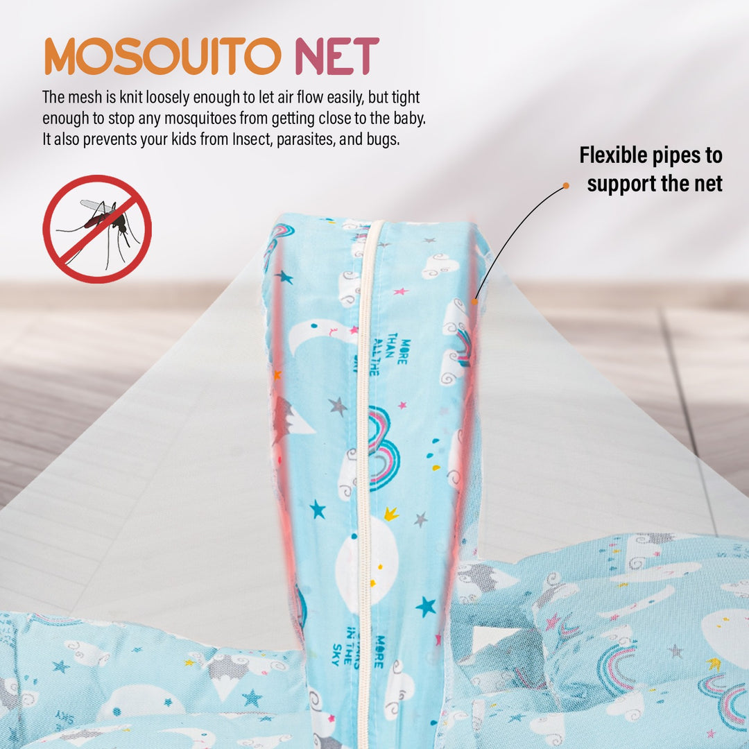 Bedding Set for New Born Baby, Bed Mattress with Mosquito Net, Zip, Neck Pillow & 2 Bolsters | Sleeping Nest Travel Bed for Baby