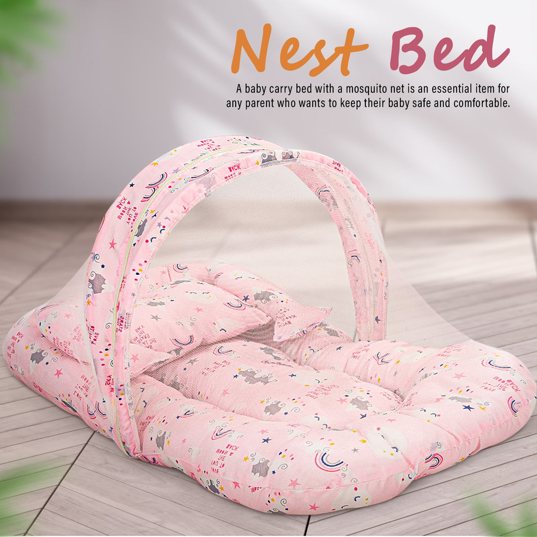Bedding Set for New Born Baby, Bed Mattress with Mosquito Net, Zip, Neck Pillow & 2 Bolsters | Sleeping Nest Travel Bed for Baby