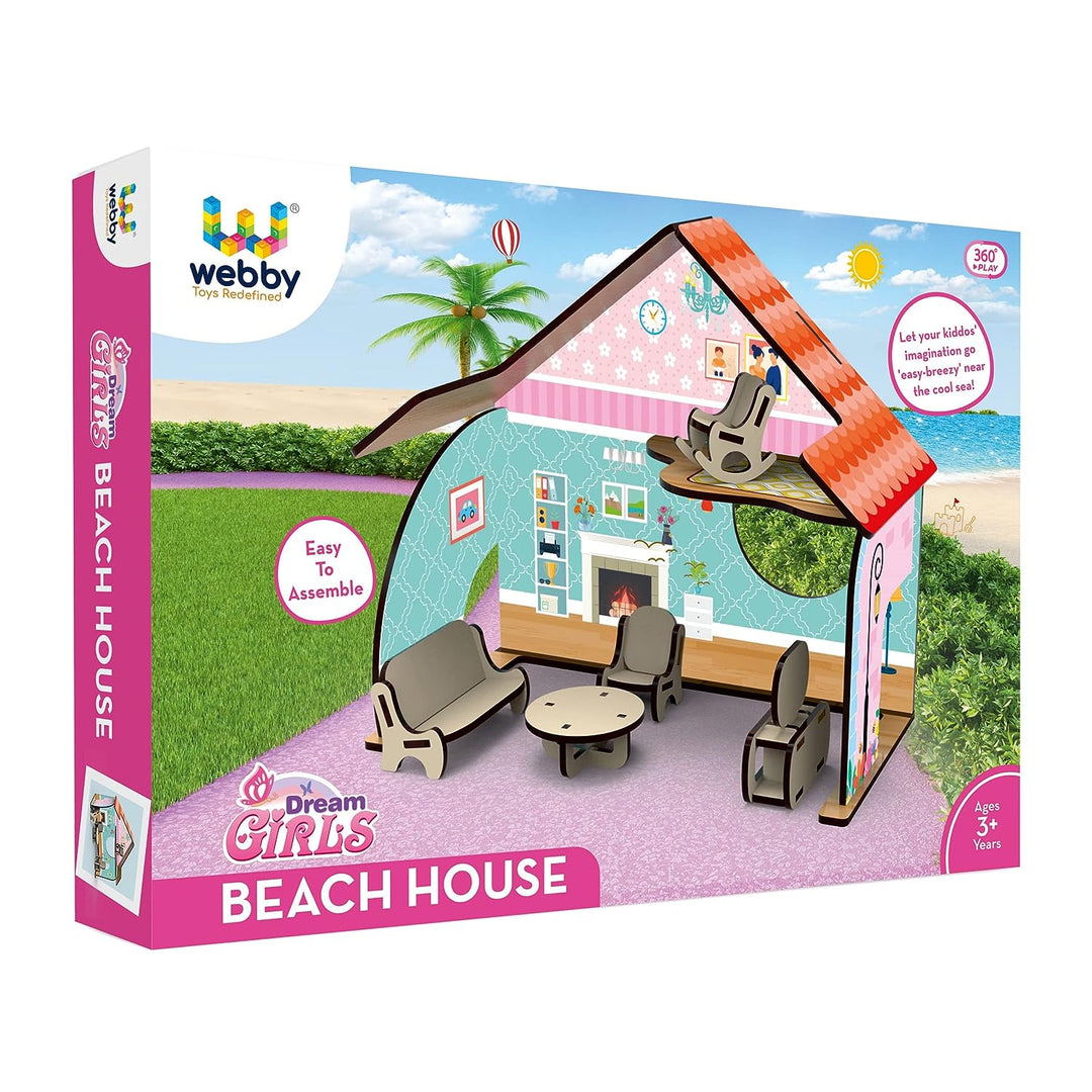 Webby Dream Girl Beach House Wooden Doll House for Girls, Toys for Girls, Doll House with Furniture & Painting Kit, Multicolor