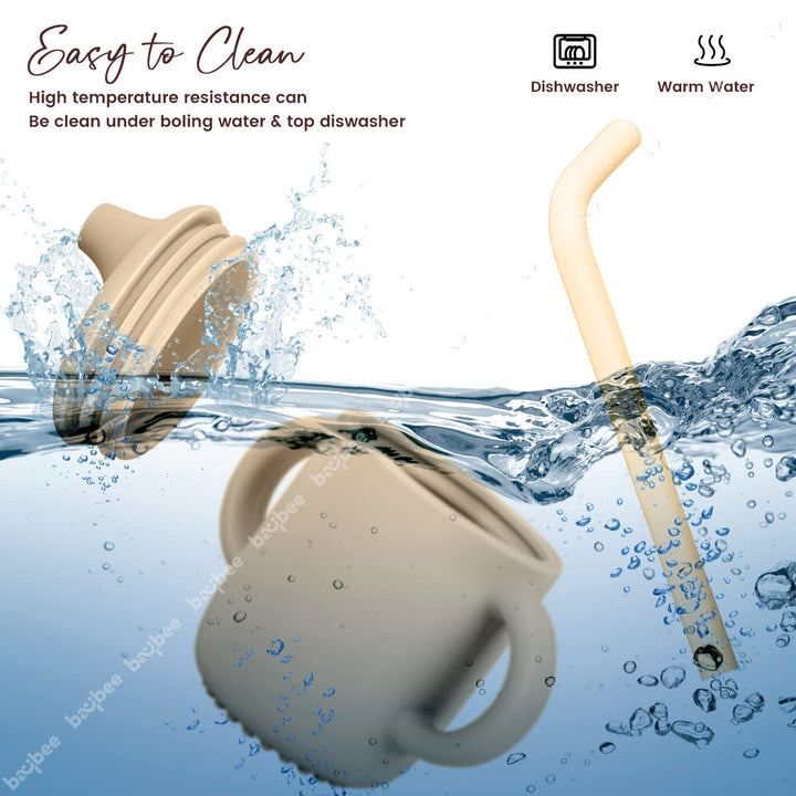 Baby BPA-Free Silicone Sipper Cup Drinking Training Anti Spill Sippy Cup/Glass with Soft Silicone Straw & Lid for Baby and Toddler
