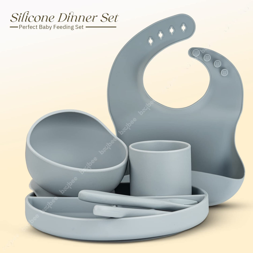 Silicone Baby Feeding Set of 6 Pcs Tableware Kit for Toddler Kids BPA Free Infant Self Eating Utensils Dishwasher & Microwave Safe Food Grade