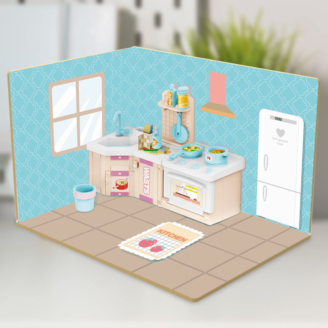 Webby DIY Kitchen Room Wooden Doll House with Plastic Furniture, Dollhouse for Girls and Boys