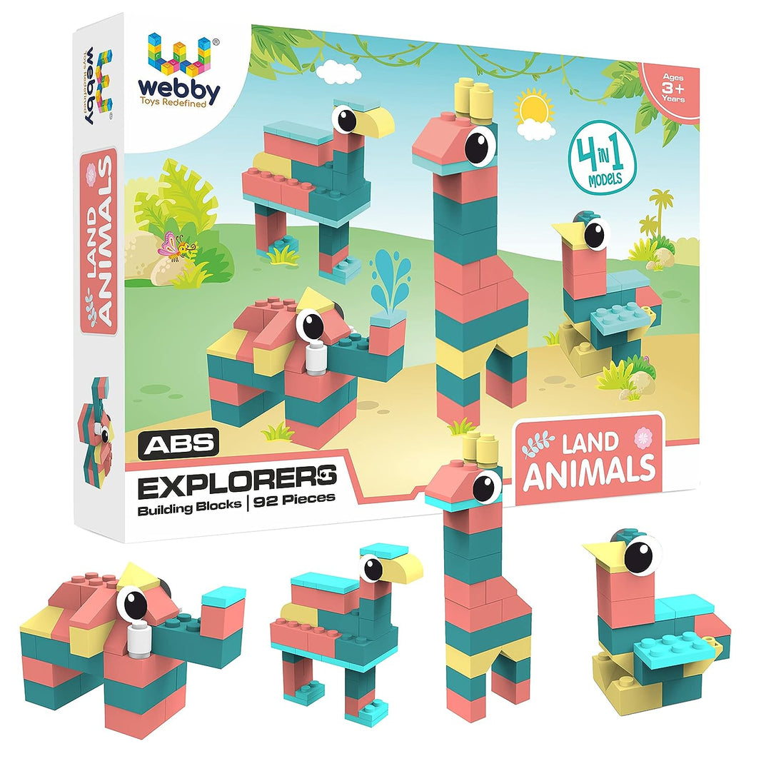 Webby 4 in 1 Land Animals ABS Building Blocks Kit, Bricks and Blocks Construction Play Set, Fun Creative Toy Set for 5+ Years Kid (92 Pcs)