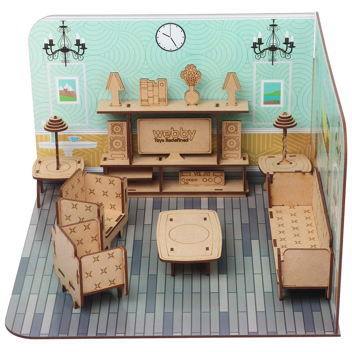 Webby DIY Paint Your Pre-Assembled Living Room Furniture Wooden Dollhouse Kit for Kids