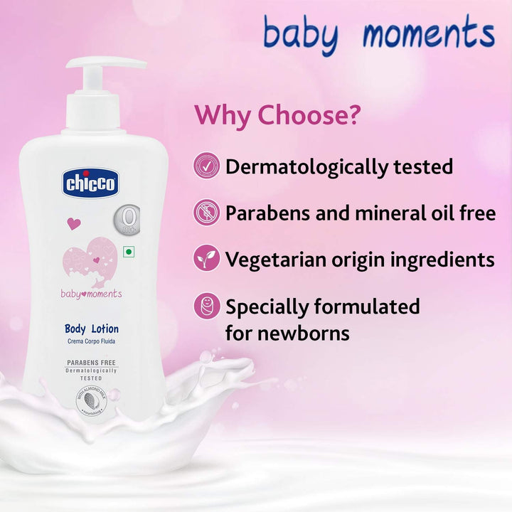 Chicco Baby Moments Body Lotion, Deep Nourishment, Non-sticky Formula, Dermatologically tested, Paraben and Mineral Oil free
