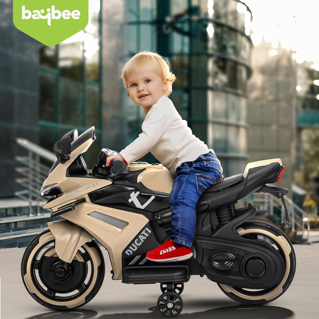 KIDZON Baby Battery Operated Bike for Kids with Foot Accelerator & Music | Rechargeable Ride on Toy Bike with Training Wheels & LED Light | Baby Electric Bike for Kids to Drive 1 to 3 Years