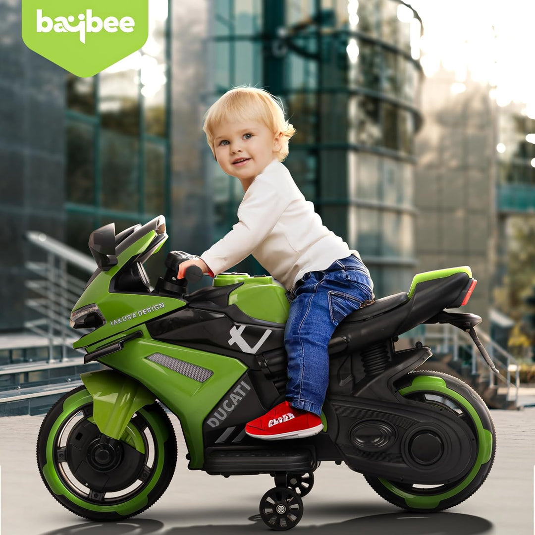 KIDZON Baby Battery Operated Bike for Kids with Foot Accelerator & Music | Rechargeable Ride on Toy Bike with Training Wheels & LED Light | Baby Electric Bike for Kids to Drive 1 to 3 Years