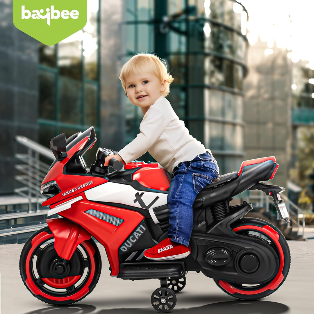 KIDZON Baby Battery Operated Bike for Kids with Foot Accelerator & Music | Rechargeable Ride on Toy Bike with Training Wheels & LED Light | Baby Electric Bike for Kids to Drive 1 to 3 Years