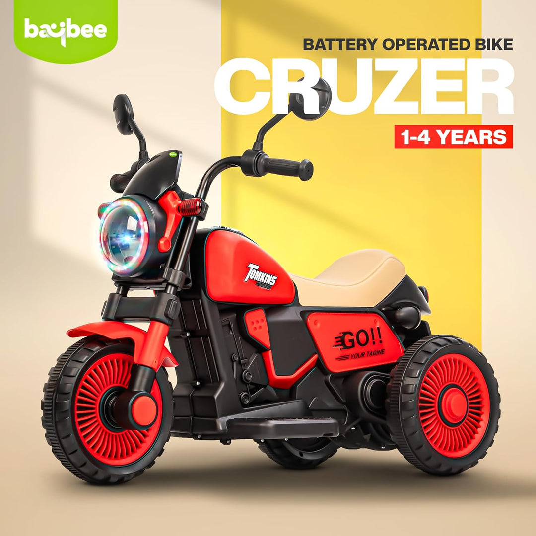 Kidzon Cruzer Electric Bike for Kids with Foot Accelerator & Music | Rechargeable Kids Bike with LED Light, Bluetooth & USB | Baby Battery Operated Ride on Bike to Drive 1 to 4 Years Boys Girls