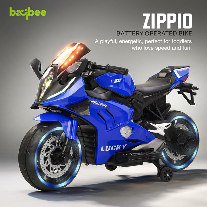 KIDZON Zippio Baby Battery Operated Bike for Kids with Hand Accelerator & Music | Rechargeable Ride on Toy Bike with Training Wheels & LED Light | Electric Bike for Kids to Drive 2 to 8 Years