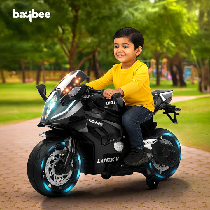 KIDZON Zippio Baby Battery Operated Bike for Kids with Hand Accelerator & Music | Rechargeable Ride on Toy Bike with Training Wheels & LED Light | Electric Bike for Kids to Drive 2 to 8 Years
