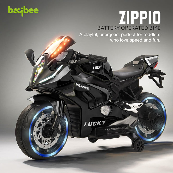 KIDZON Zippio Baby Battery Operated Bike for Kids with Hand Accelerator & Music | Rechargeable Ride on Toy Bike with Training Wheels & LED Light | Electric Bike for Kids to Drive 2 to 8 Years