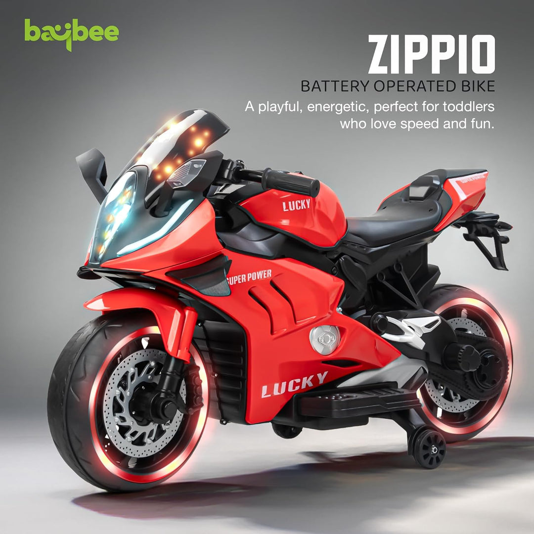 KIDZON Zippio Baby Battery Operated Bike for Kids with Hand Accelerator & Music | Rechargeable Ride on Toy Bike with Training Wheels & LED Light | Electric Bike for Kids to Drive 2 to 8 Years