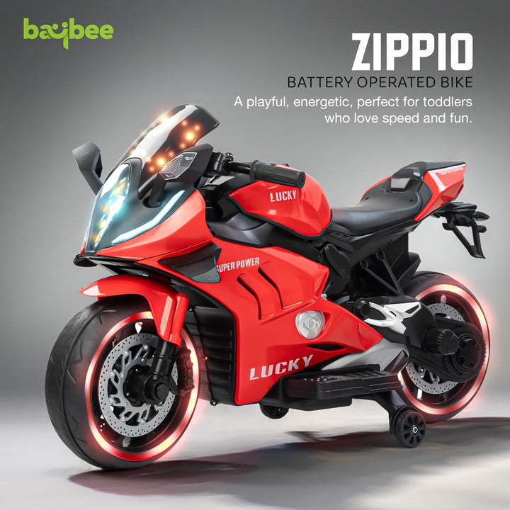 KIDZON Zippio Baby Battery Operated Bike for Kids with Hand Accelerator & Music | Rechargeable Ride on Toy Bike with Training Wheels & LED Light | Electric Bike for Kids to Drive 2 to 8 Years