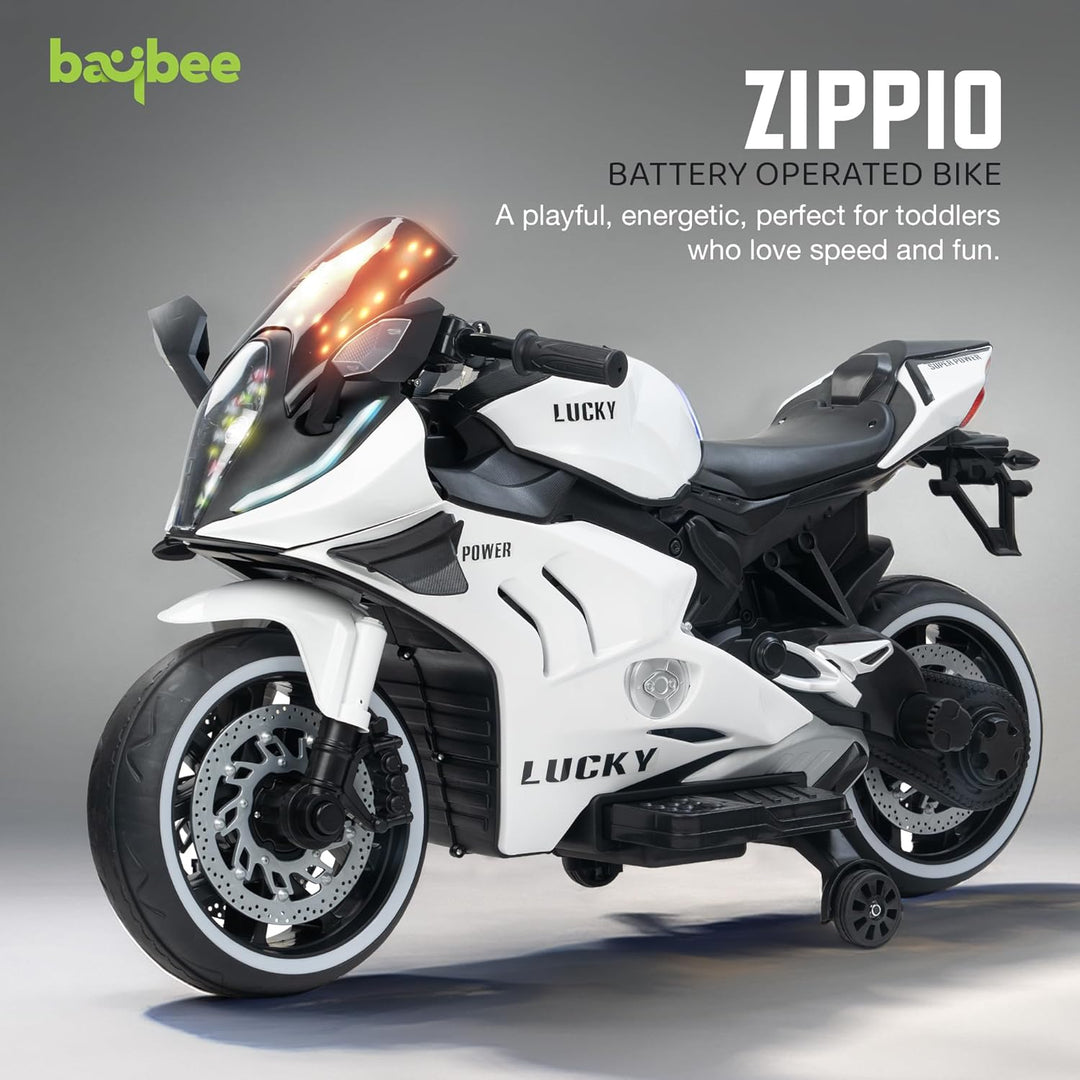 KIDZON Zippio Baby Battery Operated Bike for Kids with Hand Accelerator & Music | Rechargeable Ride on Toy Bike with Training Wheels & LED Light | Electric Bike for Kids to Drive 2 to 8 Years